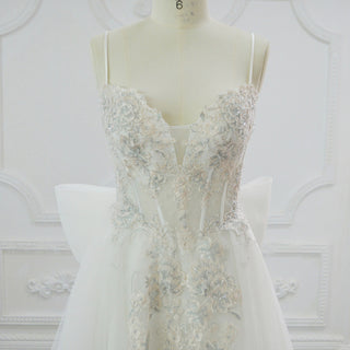 Spaghetti Strap Embroidery Lace A-line Wedding Dress With Bowknot