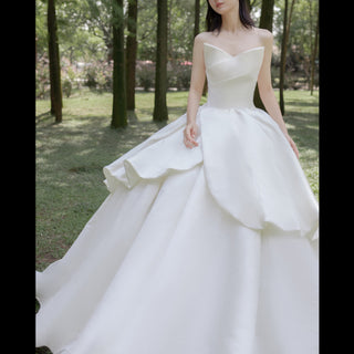 Strapless Satin Ball Gown Wedding Dress Ruffle Skirt Bridal Gown